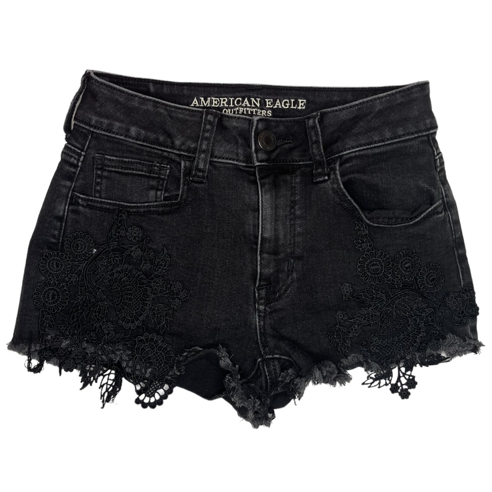 American Eagle Super Super Stretch Hi Rise Shortie Black Lace Jean Short